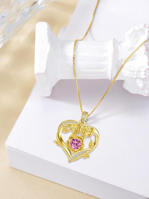 Midari 18K Gold Heart Birthstone Necklace for Women Rose Pendant Birthday Jewelry Gifts for Wife Her Daughter Mom