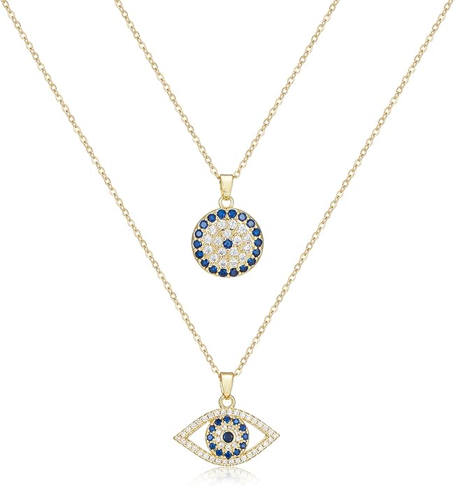 Evil Eye Necklace Layered Necklaces for Women, 2Pcs 18K Gold Plated Dainty Evil Eye Choker Pendant Necklace Handmade Evil Eye Jewelry Protection Gifts