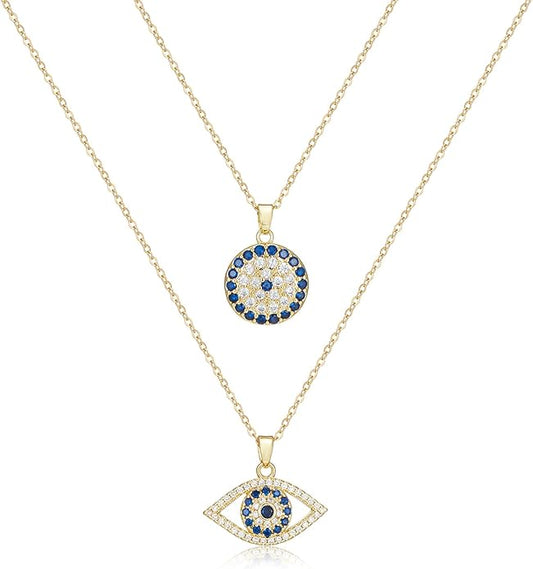 Evil Eye Necklace Layered Necklaces for Women, 2Pcs 18K Gold Plated Dainty Evil Eye Choker Pendant Necklace Handmade Evil Eye Jewelry Protection Gifts