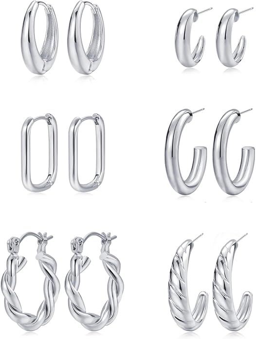 Hoop Earrings Set for Women, 6 Pairs 14K Gold Plated Lightweight Hypoallergenic Chunky Open Twisted Hoops Earrings Pack Jewelry
