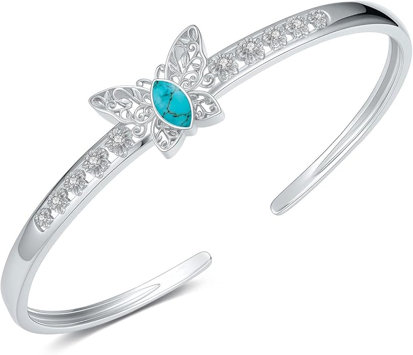 Butterfly Filigree Cuff Bracelet with CZ, 925 Sterling Silver Adjustable Natural Gemstone Bangle, Vintage Boho Jewelry Gift for Her