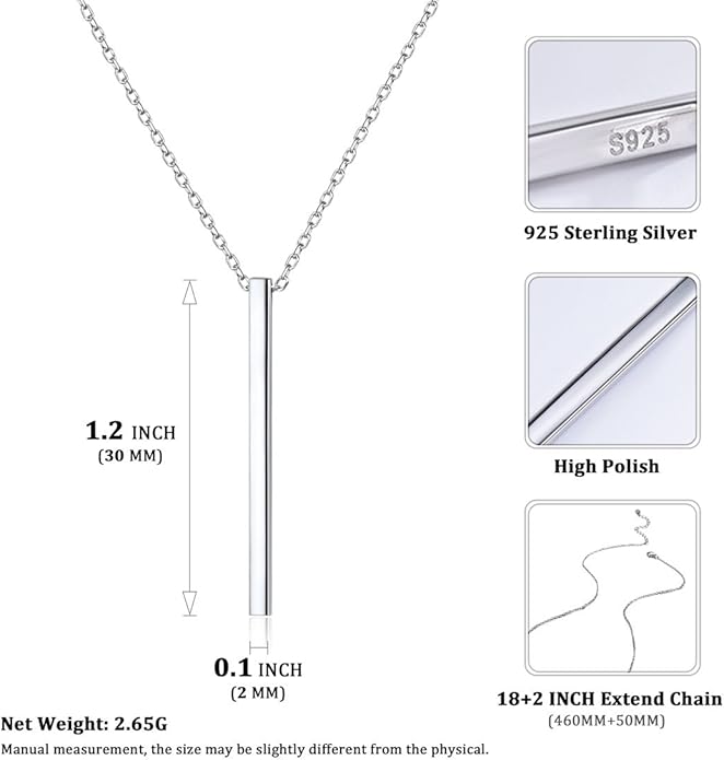 ChicSilver Customizable Vertical Bar Pendant Necklace 925 Sterling Silver Y Necklace Simple Fashion Jewelry Gifts for Women