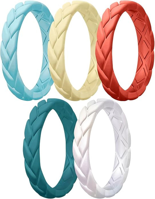 Egnaro Women's Silicone Stackable Rings 3.5mm Wide 2mm Thick, Rubber Flexible Hypoallergenic Wedding Bands For Workout Leaf Braided Fashion