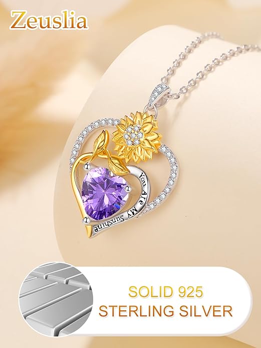 Zeuslia Double Birthstone Necklace Gifts for Wife - 925 Sterling Silver Sunflower/Rose/Crown Cross/Compass/Heart Pendant I Love You Necklace, Anniversary Birthday Gifts for Wife Girlfriend Mom Her