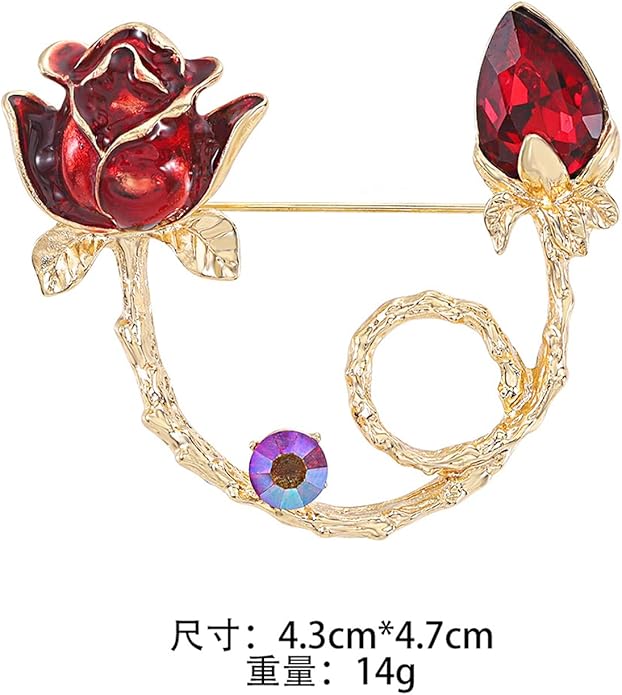 QLUYCKW Rose Flower Brooch Pin for Women Fashion Dainty Gold Plated 3D Red Roses Floral Crystal Brooch Pin Birthday Dress Suit Accessories Jewelry