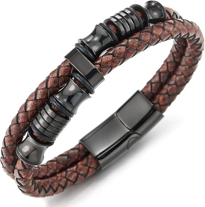 COOLSTEELANDBEYOND Mens Double-Row Braided Leather Bracelet Bangle Wristband with Stainless Steel Ornaments