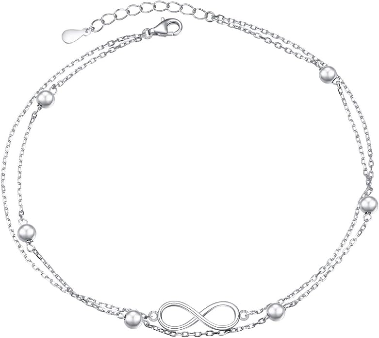 FLYOW Anklet for Women S925 Sterling Silver Adjustable Foot Beaded Heart Charm Ankle Bracelet Anklets Jewelry