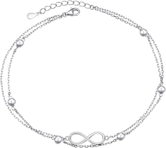 FLYOW Anklet for Women S925 Sterling Silver Adjustable Foot Beaded Heart Charm Ankle Bracelet Anklets Jewelry