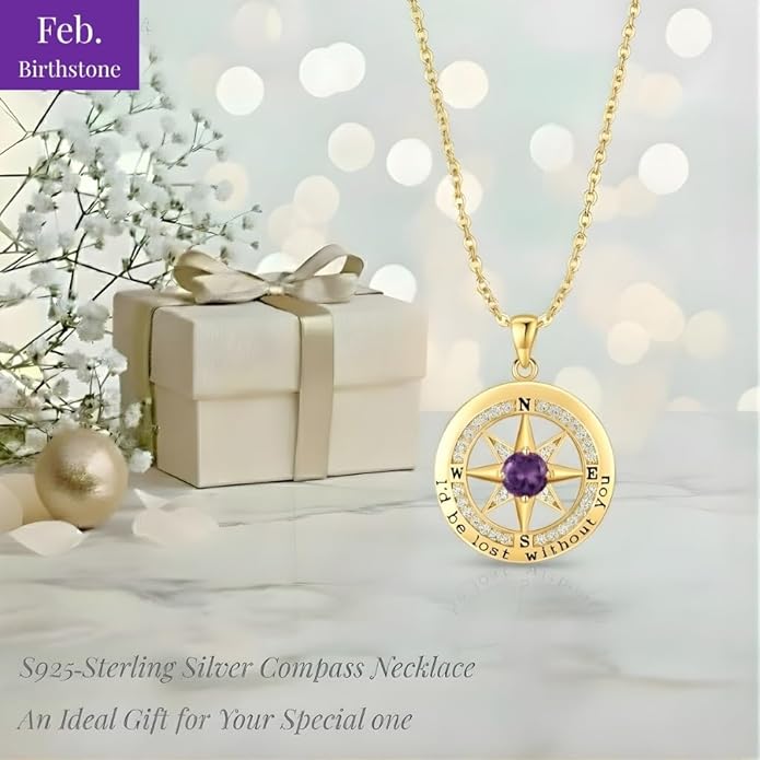 Compass Necklace for Women Wife Girlfriend Mom Daughter Gifts S925 Silver Jewelry For Anniversary Rose Gold Gifts For Birthday Christmas Mothers Valentines Day 12 Birthstones
