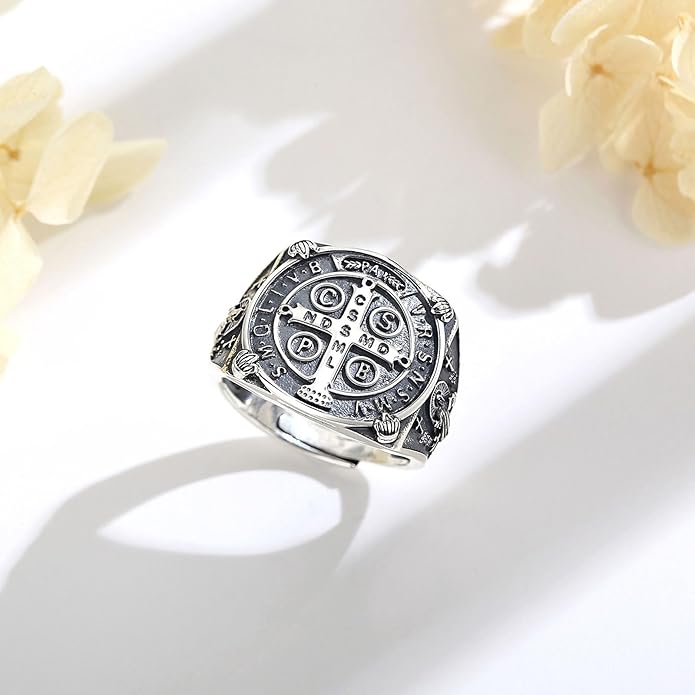 EUDORA S925 Sterling Silver St Benedict Ring San Benito Rings for Women Men, Vintage Ankh Cross Ring Saint Benedict Amulet Adjustable Rings Gifts for Women Mens Father Mother