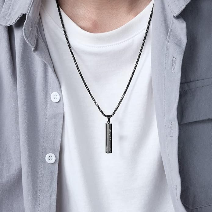BellBlow- Personalized Bar Necklace Engraved with Name for Men Woman, Custom 3D Vertical Bar Pendant Name Chain Necklaces, 4sides Customizable Name Plate Necklace Jewelry Gift Boyfriend Girlfriend