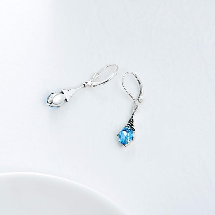 AOBOCO Vintage Earrings for Women Sterling Silver Retro Drop Dangle Leverback Earrings with 8x6mm Oval Genuine or Simulated Birthstone Crystal from Austria, Anniversary Jewelry Gifts for Her Women