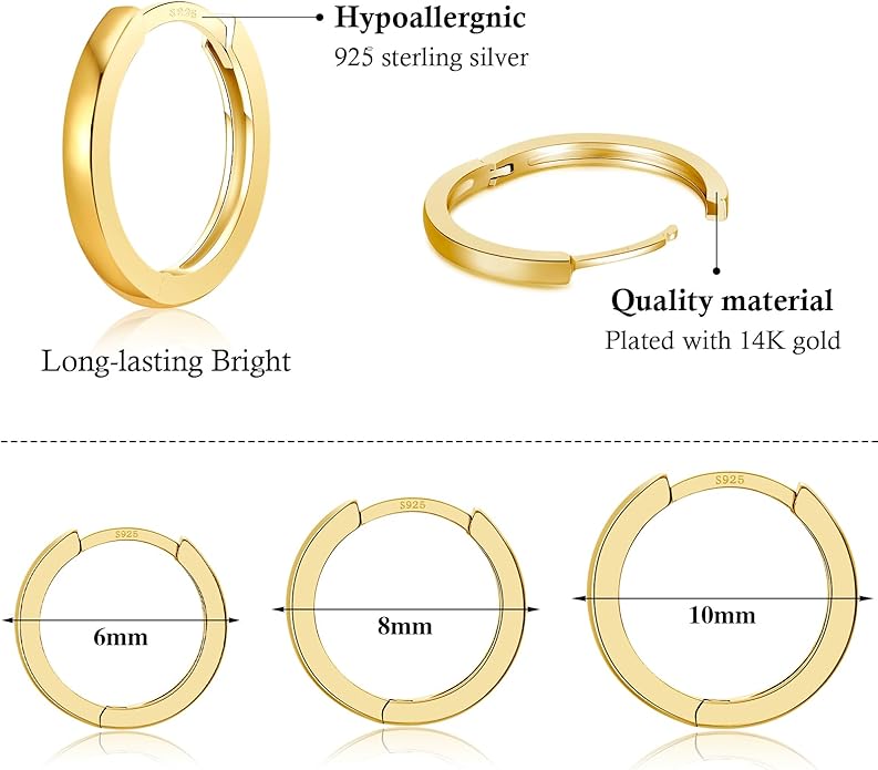 3 Pairs 925 Sterling Silver Hoop Earrings 14K White Gold Plated Small Silver Hoops Cartilage Huggie Earrings for Women Men