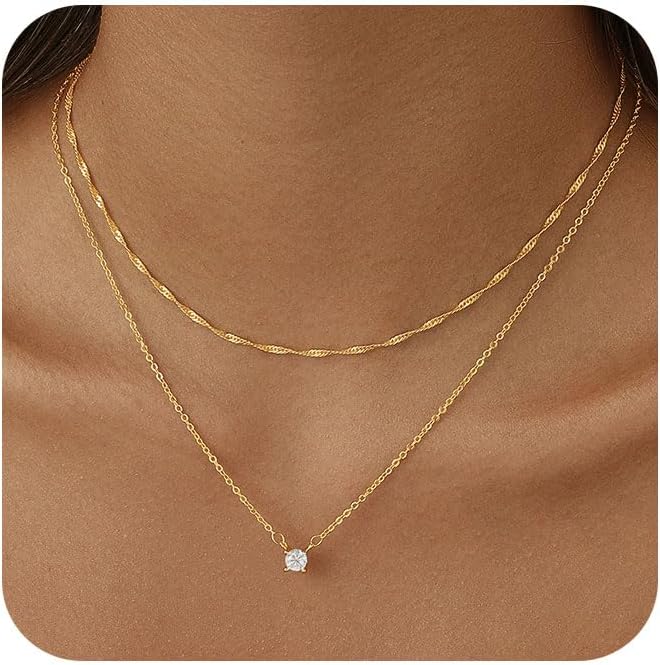 Layered Gold Necklace for Women Trendy 14K Gold Plated Heart CZ Pendant Layered Gold Necklaces Set Coin Choker Necklaces Simple Circle Cubic Zirconia Pearl Necklace Stack Herringbone Paperclip Chain Jewelry Set