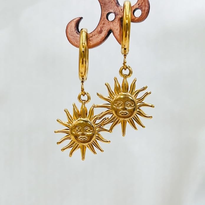 Sunburst Heart Dangle Hoop Earrings, 18K Gold Plated hypoallergenic Stainless Steel Cute Jewelry for Women daily Wear