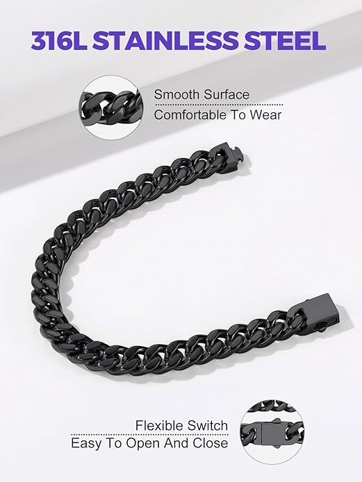 Richsteel 5/7/9/12mm Wide Miami Cuban Link Chain Bracelet for Men Women,Stainless Steel/Gold/Black Plated,7.4/8.2/9 Inch Length,Hip Hop Urban Street-wear Jewelry(Gift Wrapped)