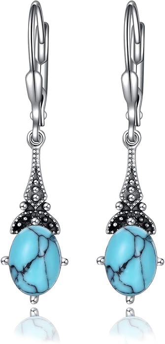 AOBOCO Vintage Earrings for Women Sterling Silver Retro Drop Dangle Leverback Earrings with 8x6mm Oval Genuine or Simulated Birthstone Crystal from Austria, Anniversary Jewelry Gifts for Her Women