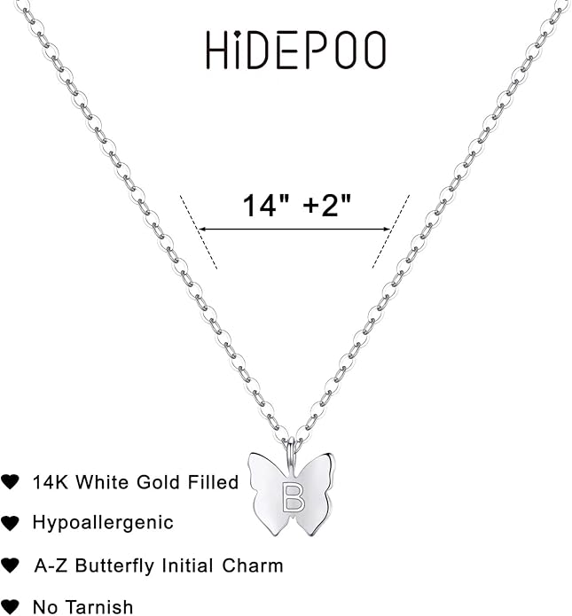Hidepoo Initial Butterfly Necklace for Girls Gifts, 14K Gold/Silver/Rose Gold Filled Dainty Butterfly Pendant Choker Necklace Initial Butterfly Necklace Birthday Gifts for Girls