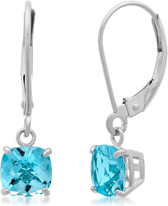 Solid 10K Gold Cushion Cut Dangle Gemstone Earrings for Women | 6mm Gemstone Birthstone Earrings | Checkerboard 10 Karat Gold Dangle Drop Leverback Earring for Women by MAX + STONE