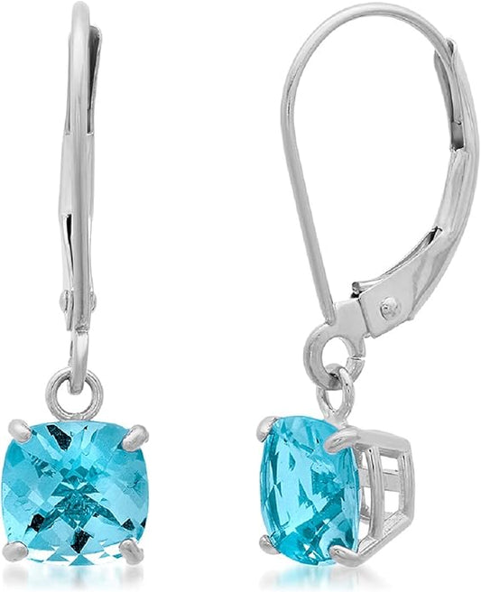 Solid 10K Gold Cushion Cut Dangle Gemstone Earrings for Women | 6mm Gemstone Birthstone Earrings | Checkerboard 10 Karat Gold Dangle Drop Leverback Earring for Women by MAX + STONE