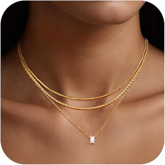 KSF Gold Layered Necklaces for Women - 18K Gold Plated Choker Necklace, 3PCS Women's Cubic Zirconia Choker Simple Dainty Stackable Pendant Necklaces Trendy Jewelry Gift for Women