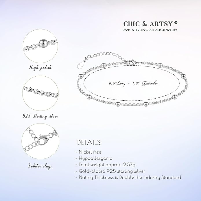 CHIC & ARTSY 925 Sterling Silver Ankle Bracelet Multilayer Anklets for Women Satellite, Star, Cross, Circle, Butterfly, Teardrop, Oval Disk Layered Anklet Beach Jewelry