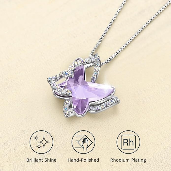 GEMMANCE Valentine's Day Gift Butterfly Birthstone Crystal Necklace, Silver Tone with 18”+2” Chain, Necklace for Mother’s Day Anniversary Birthday Gifts for Women and Daughter