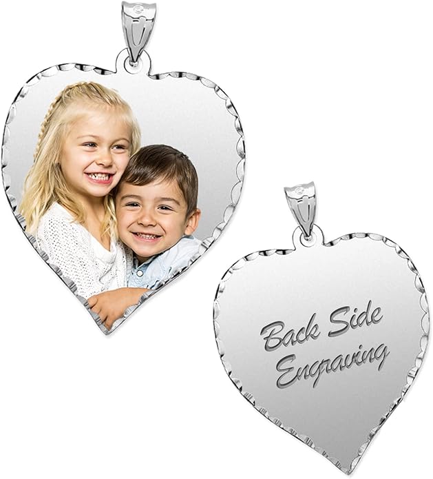 PicturesOnGold.com Personalized Photo Engraved Heart Shaped Picture Necklace with Diamond Cut Edge in Silver, Gold, White Gold or Rose Gold - 1 Inch x 1 Inch