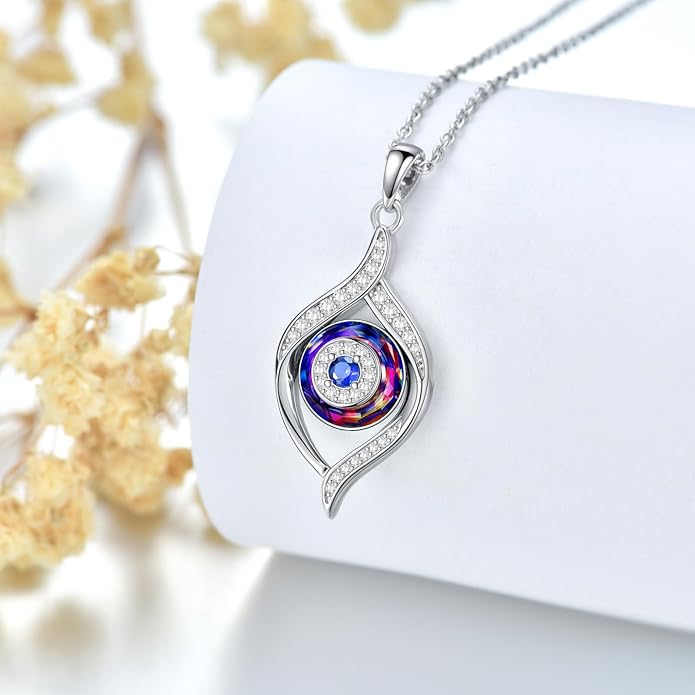 VONALA Evil Eye Necklace Sterling Silver Blue/Purple/White/Multi Eyes Pendant Necklace Luck Amulet Ojo Turco Jewelry Gift for Women Girls Daughter Mother