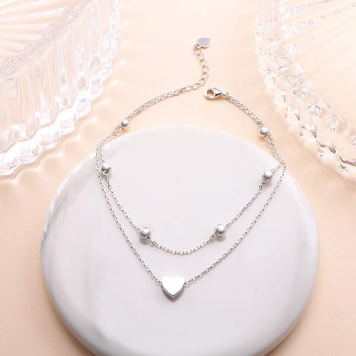 FLYOW Anklet for Women S925 Sterling Silver Adjustable Foot Beaded Heart Charm Ankle Bracelet Anklets Jewelry