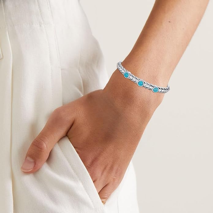 Genuine Turquoise Bracelet Bangle, Sterling Silver 3 Gemstone Native American Western Jewelry for Women, Fit for 6.5 7 7.5 Inches