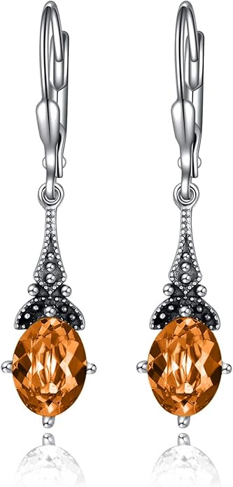 AOBOCO Vintage Earrings for Women Sterling Silver Retro Drop Dangle Leverback Earrings with 8x6mm Oval Genuine or Simulated Birthstone Crystal from Austria, Anniversary Jewelry Gifts for Her Women