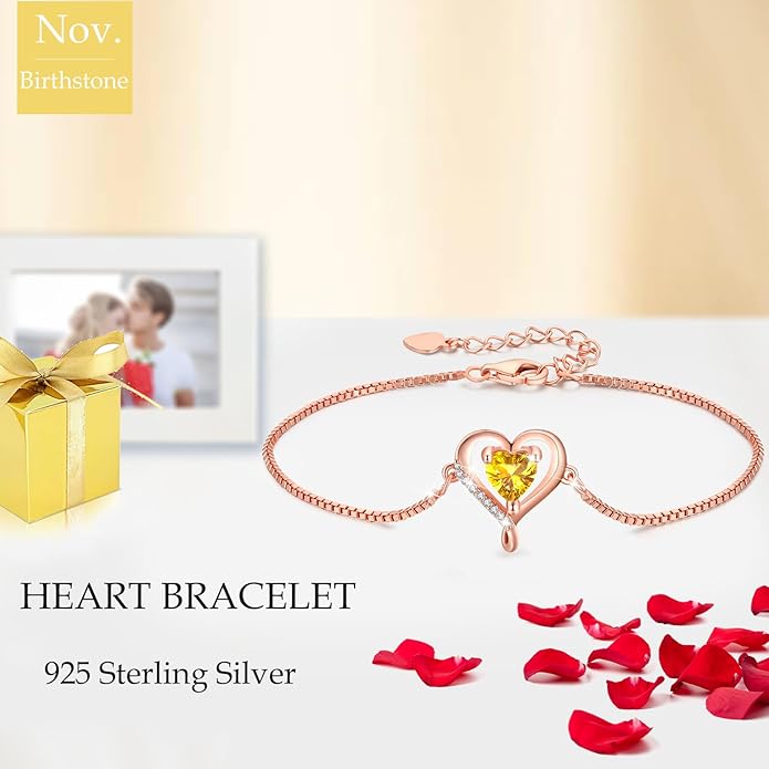 LAVUMO Love Heart Bracelets for Women 925 Silver Charm Birthstone Bracelet Adjustable Anniversary Birthday Jewelry Gifts for Women Girlfriend Wife Daughter Mom Her