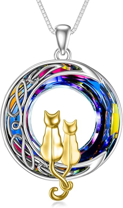 TOUPOP Christmas Cat Gifts for Cats Lovers One Two Three Four Cats Necklace Sterling Silver Cats on the Moon Pendant Necklace with Blue Circle Crystal Birthday Christmas Celtic Jewelry Gifts for Women