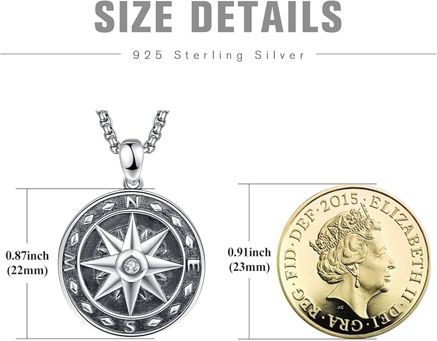 KINGWHYTE Compass Necklace for Men 925 Sterling Silver Birthday Gifts Graduation Travel Jewelry for Husband Brother with Stainless Steel Chain
