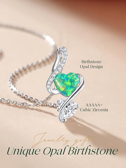 LOUISA SECRET 925 Sterling Silver Opal Birthstone Necklace, Unique Tiny Double Heart Pendant Jewelry, Engraved with "S925 I Love You" Best Birthday Gift for Women Wife Girlfriend Mom Her, Christmas Day Valentine's Day Anniversary Mother's Day