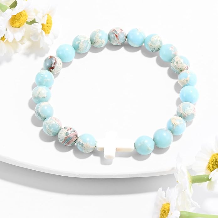 VIBILIA Cross Beaded Bracelets for Women, Inspirational Natural Heart Religious Bracelets for Women, Birthday Christian Gifts for Women on Thanksgiving Christmas Gifts