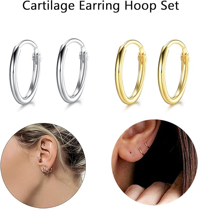 Silver Hoop Earrings- Cartilage Earring Small Hoop Earrings for Women Men,4 Pairs of Hypoallergenic 925 Sterling Silver Tragus Earrings