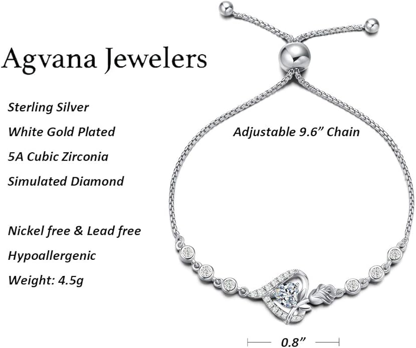 AGVANA Rosy Reverie Birthstone Bracelet for Women Sterling Silver Genuine or Created Gemstone Tennis Bracelet Rose Heart Jewelry Anniversary Birthday Gifts for Women Mom Wife Her