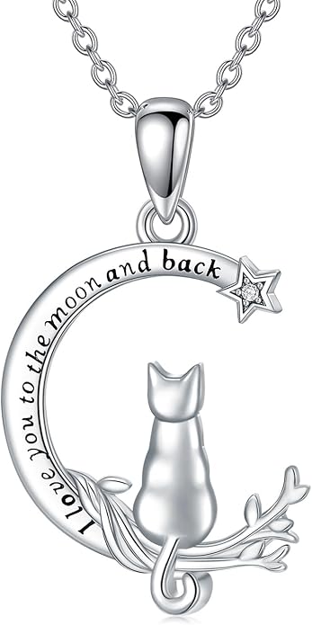 Cat Gifts for Women 925 Sterling Silver Heart Moon Cat Necklace Pendant Women Jewelry Halloween Christmas Gifts