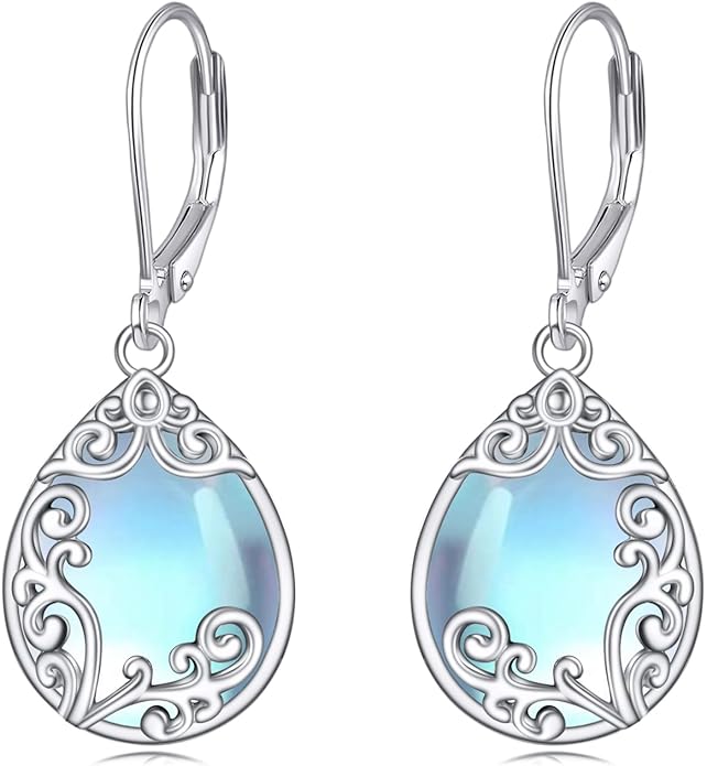Filigree Earrings Sterling Silver Teardrop Moonstone Moss Agate Lapis Lazuli Larimar Emerald Peridot Opal Dangle Dangly Drop Leverback Earrings Boho Jewelry Gifts for Women