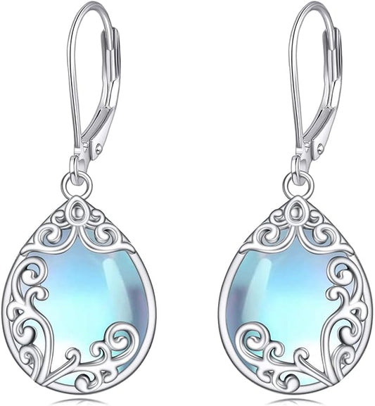 Filigree Earrings Sterling Silver Teardrop Moonstone Moss Agate Lapis Lazuli Larimar Emerald Peridot Opal Dangle Dangly Drop Leverback Earrings Boho Jewelry Gifts for Women