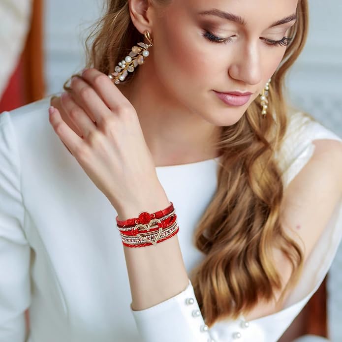 Fesciory Leopard Bracelet for Women, Boho Leather Wrap Multi-Layer Pearl Crystal Bracelet Bangle Jewelry