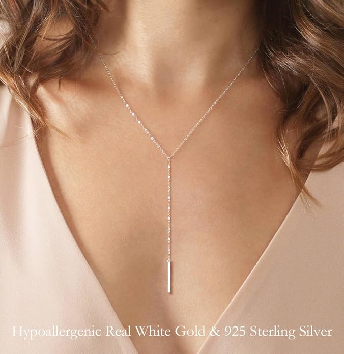 Metzakka Sterling Silver Lariat Necklace, Chic Minimalist Drop Bar Y Chain Necklace for Women