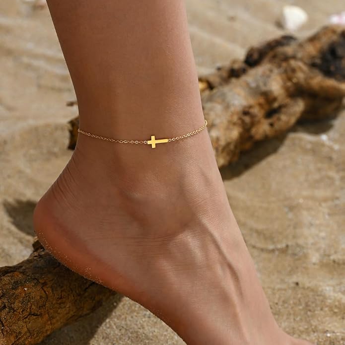 Ankle Bracelets for Women Dainty 18K Gold Plated Anklet Waterproof Round Beaded Paperclip Herringbone Pearl Chain Anklets Waterproof Beach Foot Jewelry