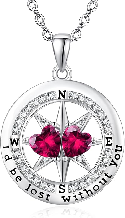 Compass Birthstones Necklace for Women, Exquisite Anniversary Birthday Gifts for Wife Her Double Birthstone Pendant jewelry ‘I'd be Lost Without You’