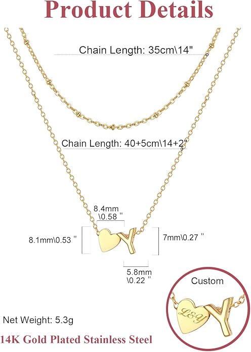 FOCALOOK Layered Initial Necklace for Women, 14K Gold Plated Choker Necklaces Stacks with Initial A-Z, Dainty Silver Heart Pendant Necklace Personalized Birthday Women Jewelry