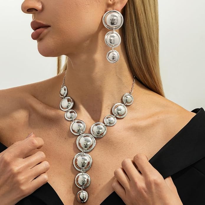 Exaggerated Chunky Gold Choker Long Y Necklace Round Drop Earring Set for Women Unique Big Geometry Silver Necklaces Large Dangly Earring Jewelry Gift