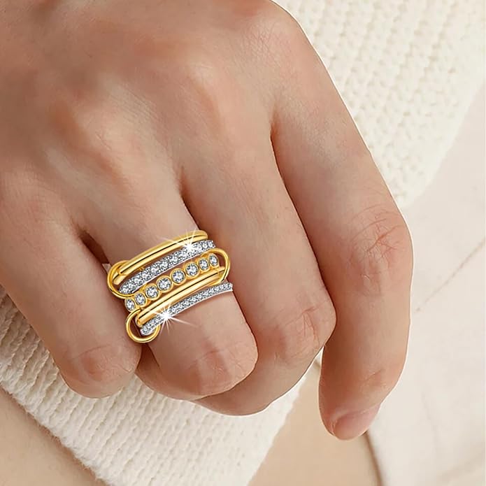 BROCC Stackable Rings for Women 18K Gold Plated Non Tarnish Cubic Zirconia Two-Toned Connected Bands Silver Gold Multi Ring Mixed Metals Stacking Rings Set
