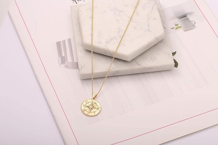CANEVINKA 18K Gold Plate Coin Pendant Necklace for Women Dainty Compass Sunflower Necklaces Personalized Chain Layered Jewelry
